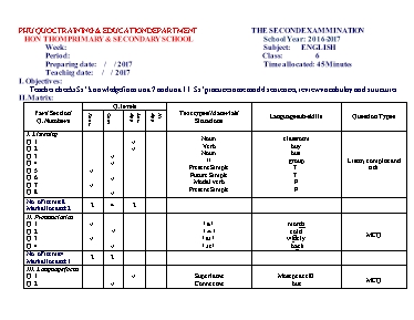 Đề kiểm tra học kỳ II môn Tiếng Anh Lớp 6 (Chương trình thí điểm) - Năm học 2016-2017 - Trường TH & THCS Hòn Thơm (Có đáp án)